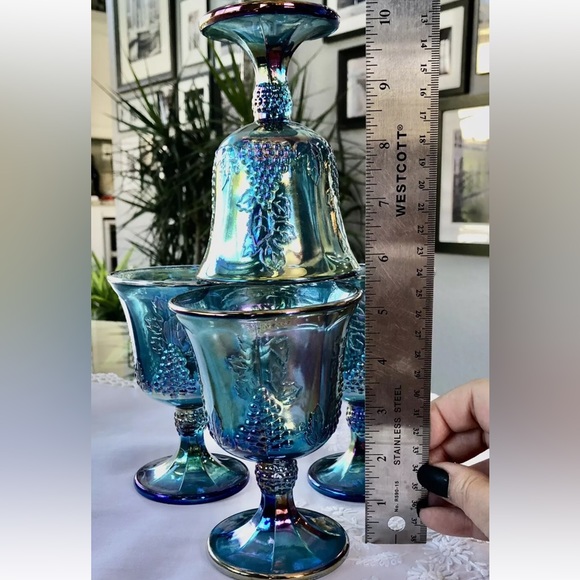 FOUR Vintage Colony by Indiana Glass Blue Harvest Carnival Glass Goblets MINT! - Picture 11 of 12